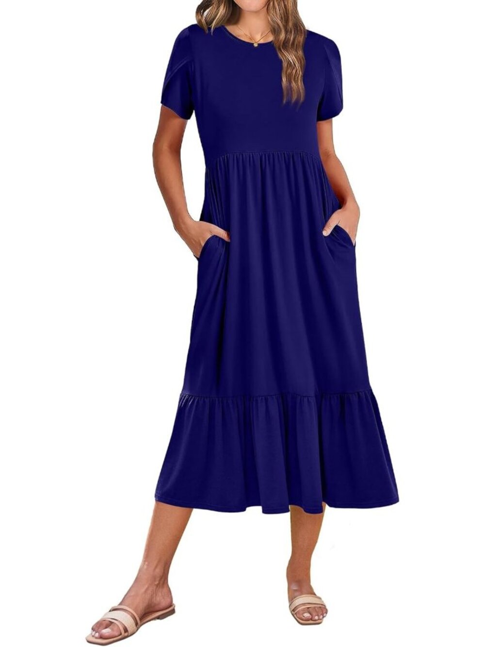 Summer Midi A-Line Dress for Women | Short Sleeve, Flowy, Tiered, Pockets, Beach